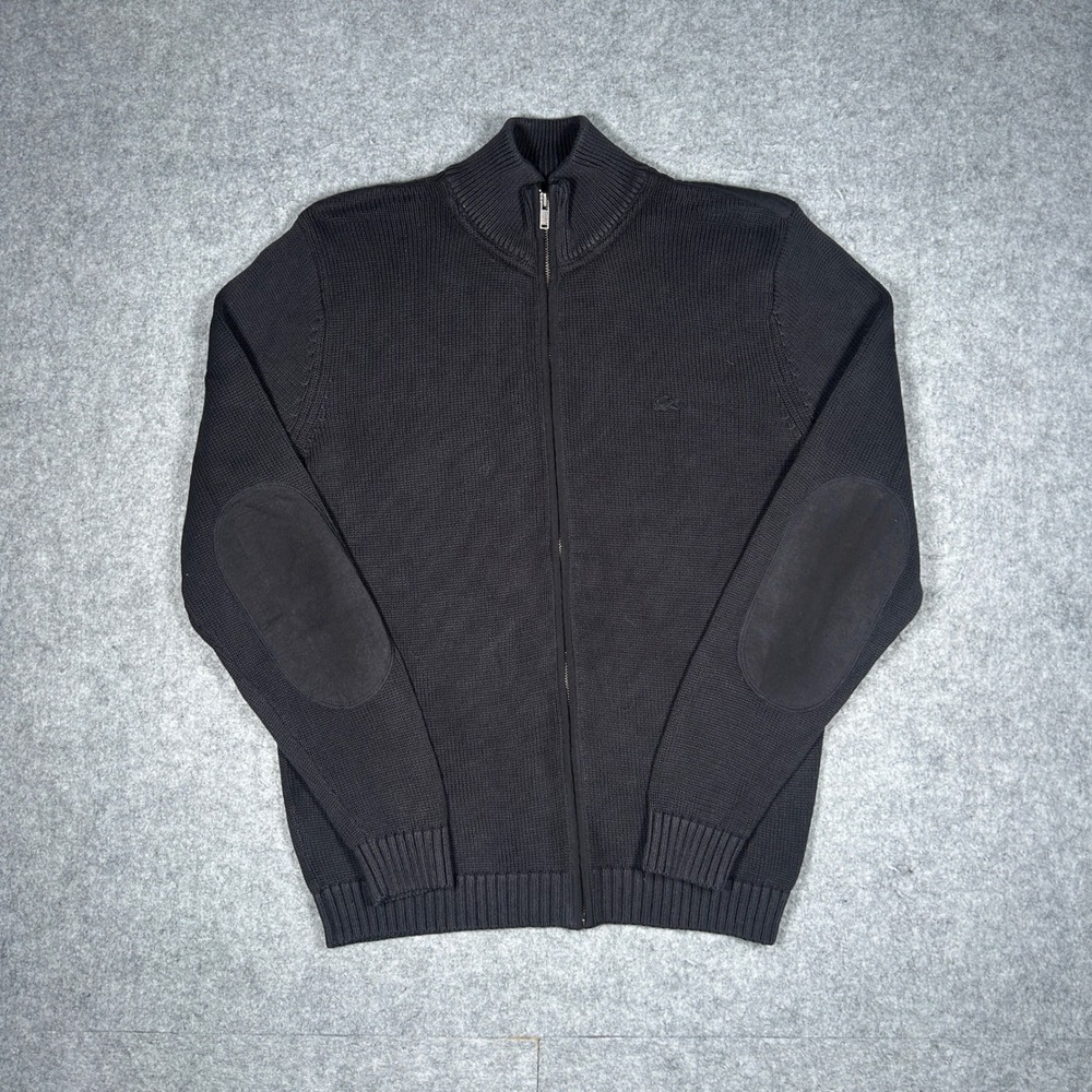 Lacoste jacket Mens 5 Black Vintage Washed Full Zip Elbow Patch Cotton Sweater